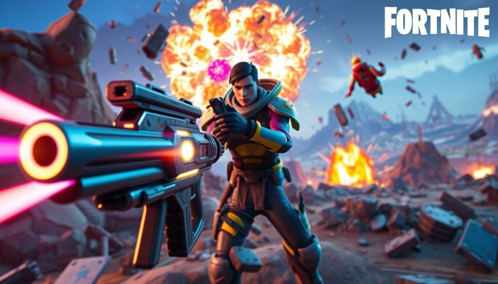 A dynamic scene showcasing the latest Fortnite Chapter 6 weapon in action. In the foreground, a futuristic, sleek weapon emits glowing energy, highlighting its advanced design. The middle ground features a character in vibrant armor, poised to fire the weapon, with a focused expression. Surrounding them, debris from a destructible environment adds excitement, showcasing the 90% dynamic map destruction. The background displays an intricately detailed Fortnite landscape, with varying terrains and explosive effects, highlighting the game's Unreal Engine craftsmanship. Use dramatic, colorful lighting that emphasizes the weapon's glow and the character's movements. Capture a sense of action and adventure, with a wide-angle perspective to enhance the depth of the battle scene.