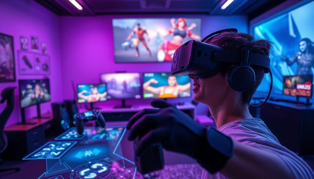 A futuristic gaming environment showcasing Augmented Reality (AR) and Virtual Reality (VR) technologies. In the foreground, a person wearing a sleek VR headset and gloves is playing an immersive game, surrounded by a holographic interface displaying virtual elements. The middle layer features a modern gaming setup with multiple screens showcasing vivid AR overlays, including game characters and interactive elements projected above a sleek gaming console. The background reveals a high-tech gaming room with soft blue and purple ambient lighting, highlighting the blend of reality and virtual experiences. Use a wide-angle lens to capture the depth of the scene, emphasizing the innovative atmosphere and excitement associated with future gaming technology. The mood is vibrant and energetic, inviting viewers to imagine the possibilities of immersive gaming.
