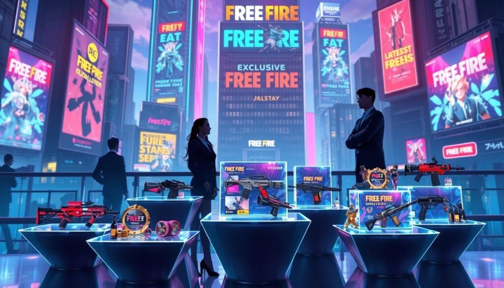 A vibrant scene set in a futuristic urban landscape, blending elements of anime and gaming aesthetics. In the foreground, showcase a variety of exclusive Free Fire rewards, such as unique character skins, weapons, and in-game currencies, artistically displayed on sleek, holographic pedestals. In the middle ground, silhouettes of loyal players in professional attire gaze admiringly at the prizes, their expressions reflecting excitement and anticipation. The background features towering neon-lit buildings with dynamic advertisements promoting the latest Free Fire collaboration, creating a lively atmosphere. The lighting is bright and colorful, with dramatic contrasts that highlight the exclusive items, evoking a sense of celebration and adventure. Capture the essence of loyalty and the thrill of gaming in this engaging composition.