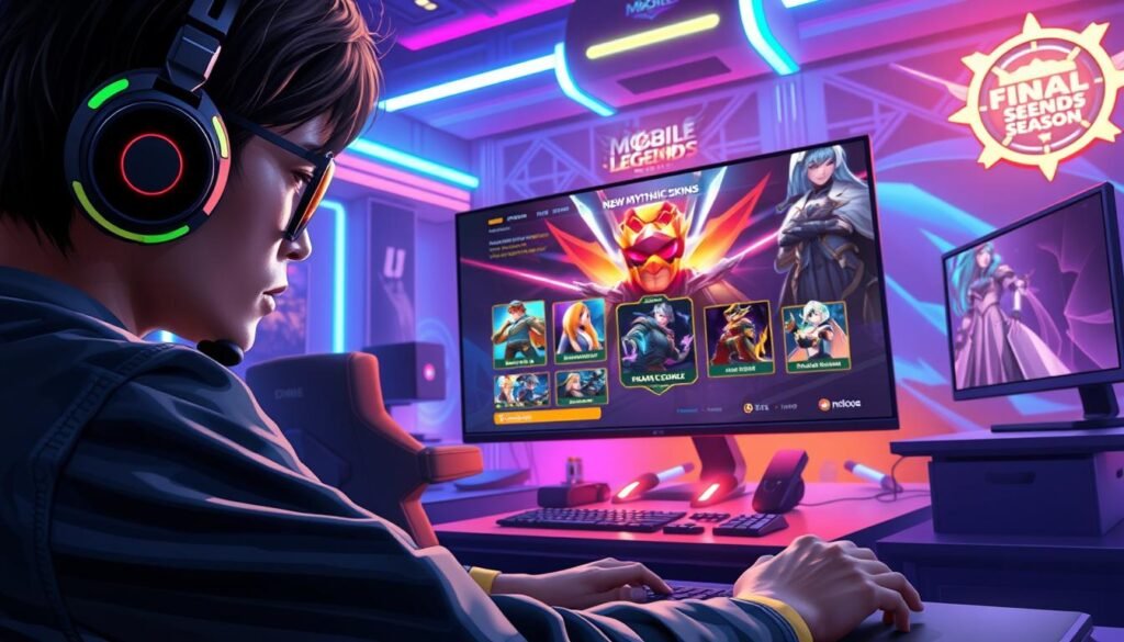 A vivid digital illustration showcasing the latest feature changes in the popular game Mobile Legends, set in a high-tech gaming environment. In the foreground, a gamer intensely focuses on their screen, wearing stylish but modest casual attire, with a glowing headset reflecting the vibrant game graphics. In the middle ground, the interface of the game is prominently displayed, highlighting the new mythic skins and gameplay features with dynamic animations and colorful effects. The background is filled with a futuristic gaming setup, illuminated by neon lights, and detailed imagery of game icons and characters. The overall mood is energetic and exciting, capturing the spirit of competitive gaming, with a lens perspective that emphasizes depth and immersion, evoking the thrill of the game’s final season.