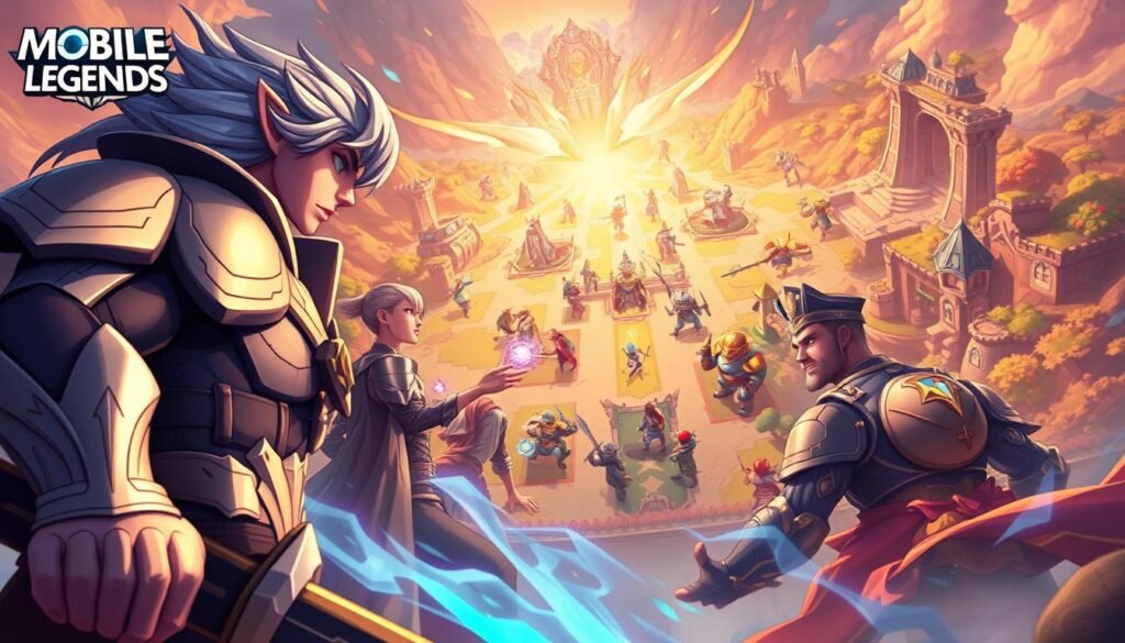 A dynamic and vibrant illustration of a mobile legends battlefield, showcasing a strategic lane in an intense multiplayer online battle arena (MOBA) game. In the foreground, a heroic character in sleek armor is poised for action, gripping a weapon, with a focused expression. The middle ground reveals various team members strategizing, analyzing maps, and coordinating positions, while a mystical aura surrounds them, highlighting teamwork. In the background, lush, fantastical landscapes of the lane are visible, furnished with towers, minions, and intricate foliage, bathed in warm, golden sunlight to evoke a sense of hope and victory. The angle captures a slightly elevated perspective, giving depth to the scene and immersing viewers in the energetic atmosphere of competitive gaming.
